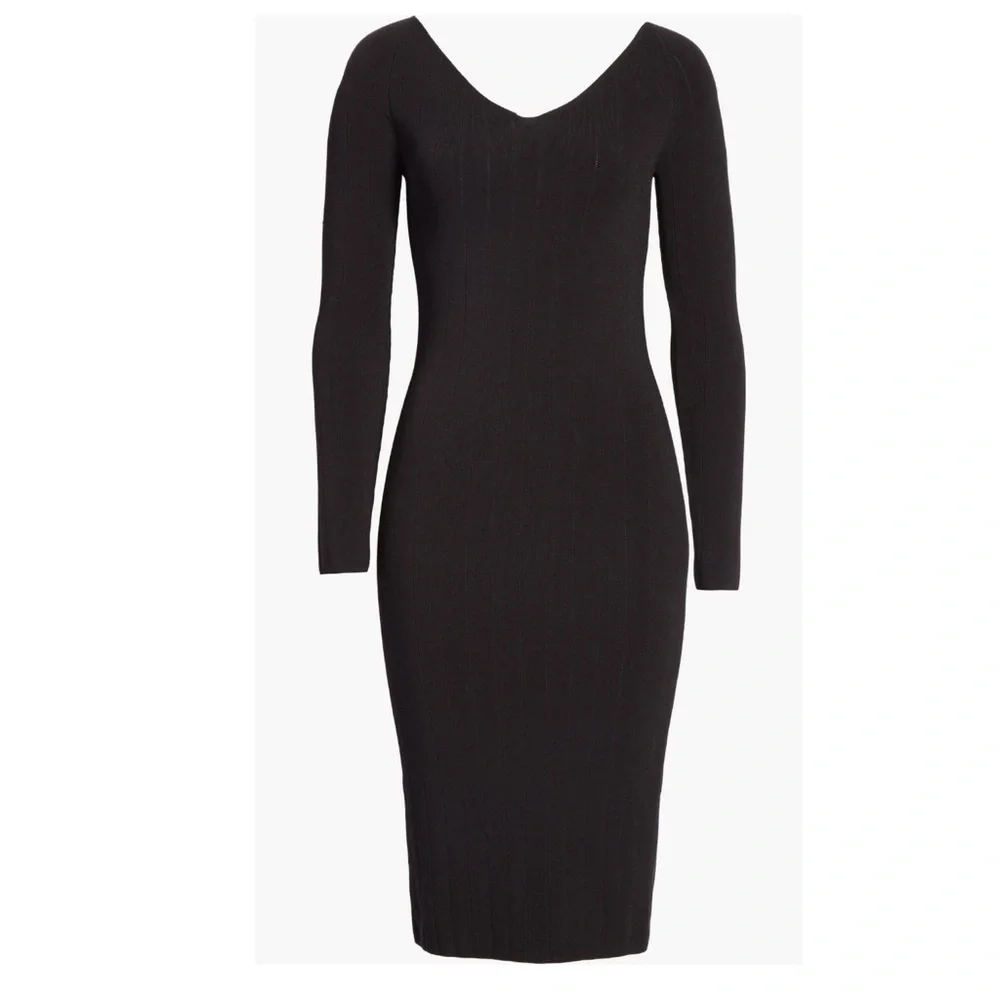 Vince Ribbed V-neck Long Sleeve Midi Dress Black Size Small NWT